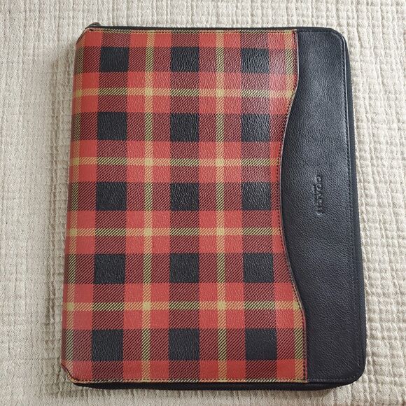 Coach Riley Plaid Red, Black And Tan Zip Around Tablet Case - Picture 1 of 11